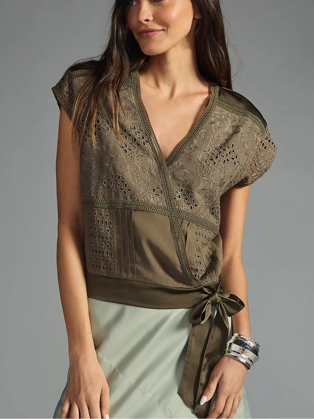 Tiny by Anthropologie Tatiana Wrap Top Olive Lace Eyelet Wrap Crop Top with Bow